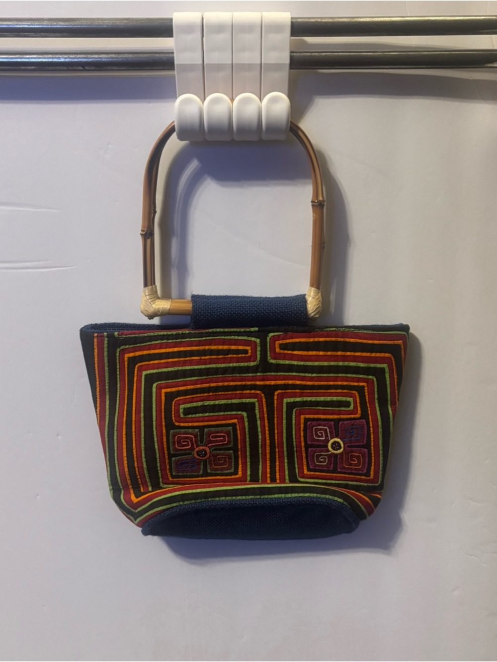 Handcrafted Multicolor Embroidered Tote with Bamboo Handle - Made in Colombia